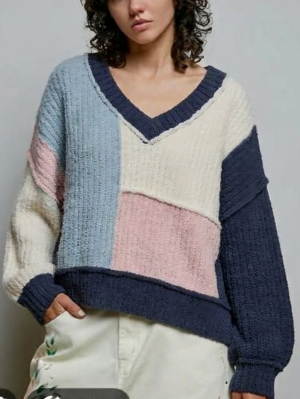 POL Colorblock V-Neck Patchwork Colorblock Sweater